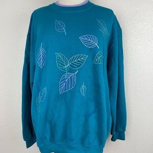 Vintage Morning Sun Womens Teal and Purple Leaf Pattern Sweater Size XL